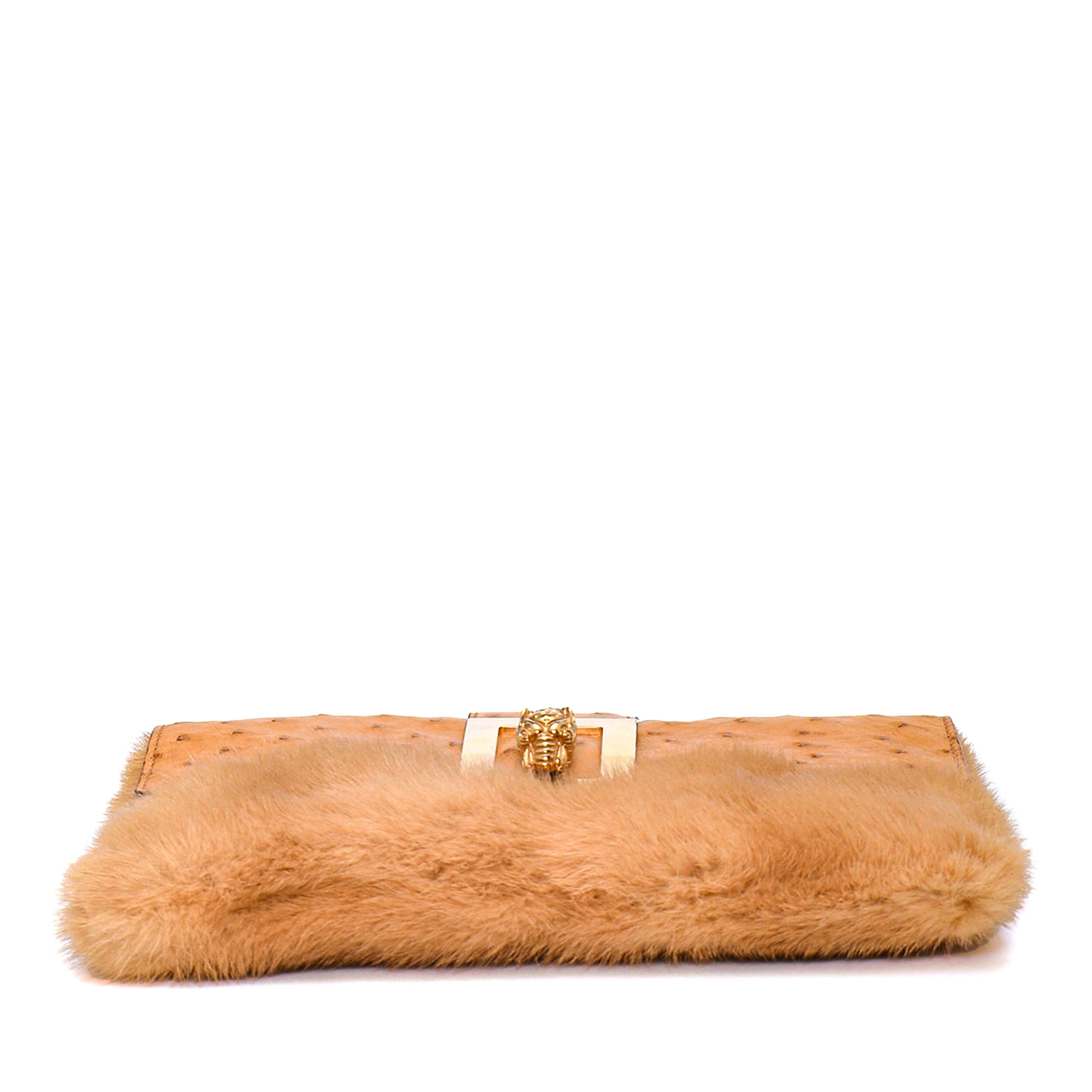 Gucci - Brown Ostrich & Fur Tiger Buckle Crossbody Bag